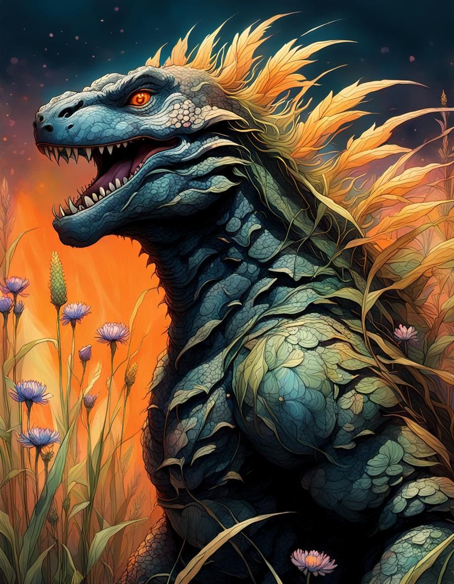 Neon Godzilla in Wildflower Field, Concept Art