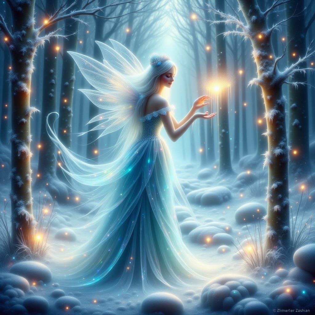 Whimsical Snowy Fairy in Enchanted Forest with Ethereal Glow