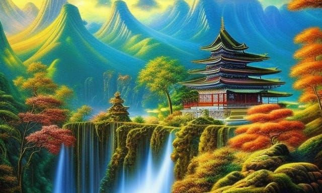 Fantasy Japanese Temple Landscape with Waterfall