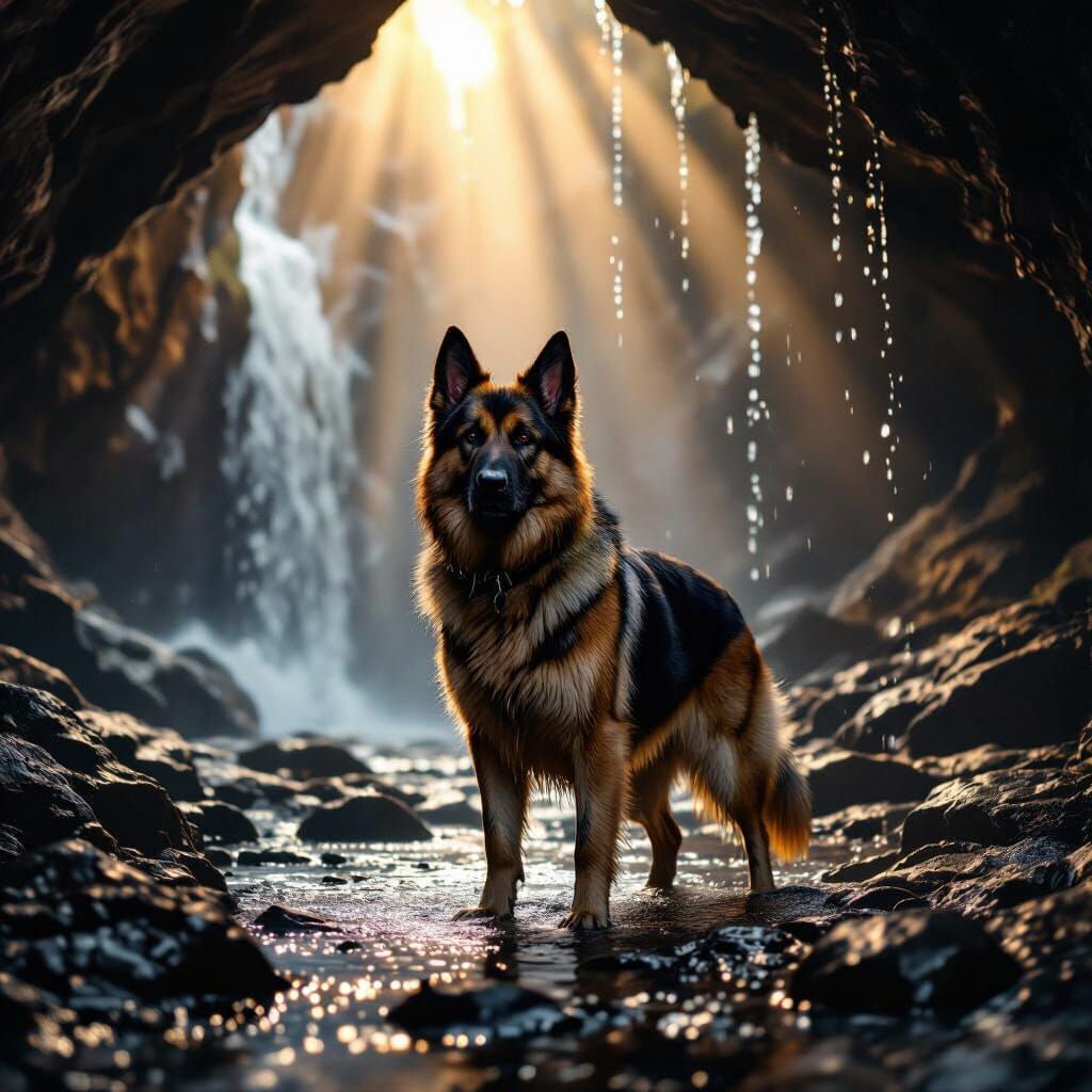 German Shepherd in Cave with Waterfalls
