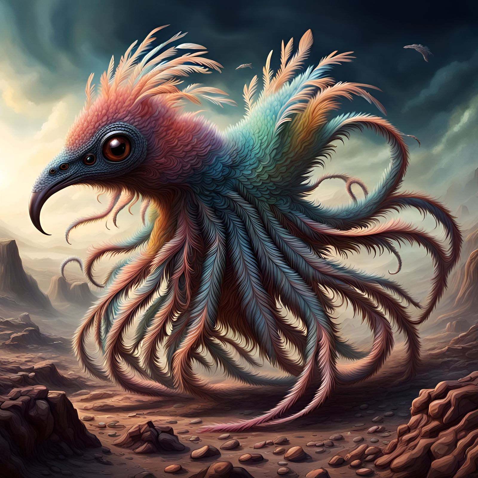 Fourth-Dimensional Creature Flying Over Alien Terrain