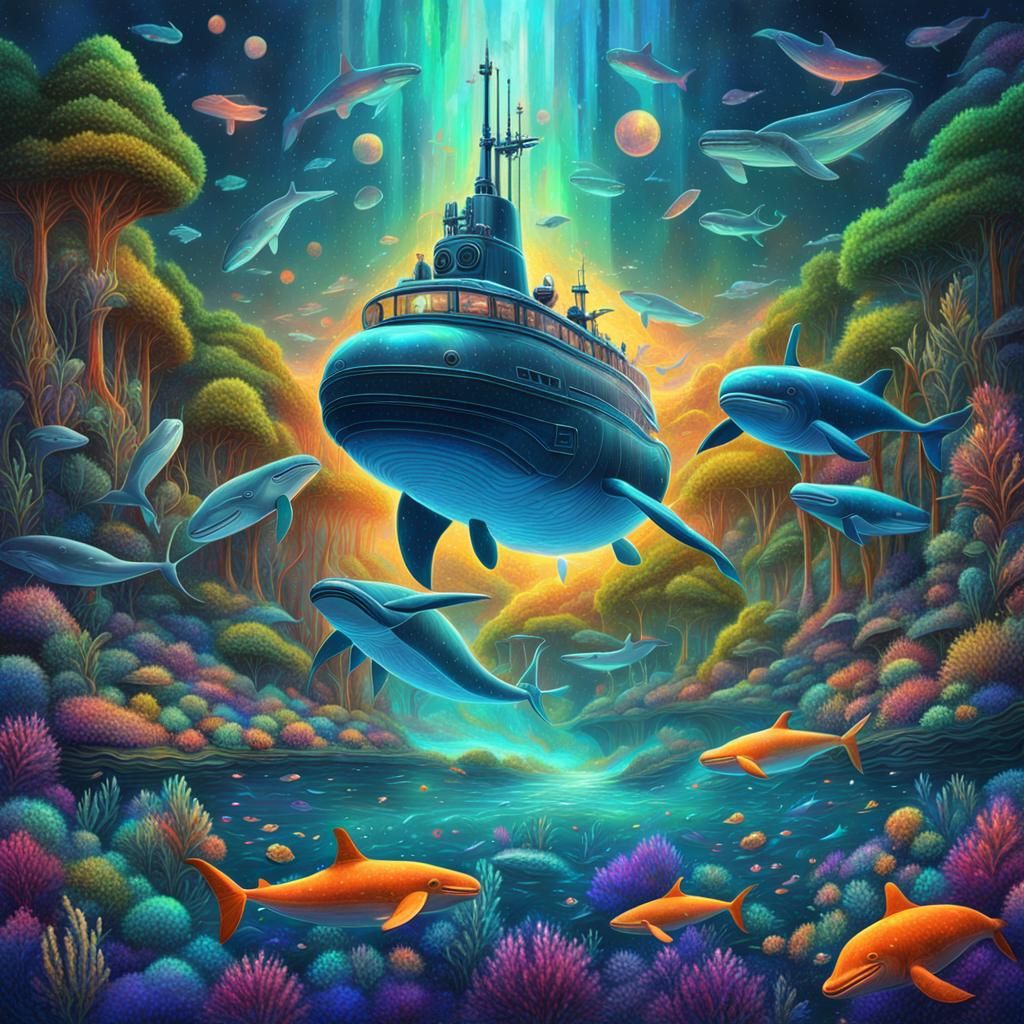 Cosmic Submarine in Rainforest Desert, Astral Illustration