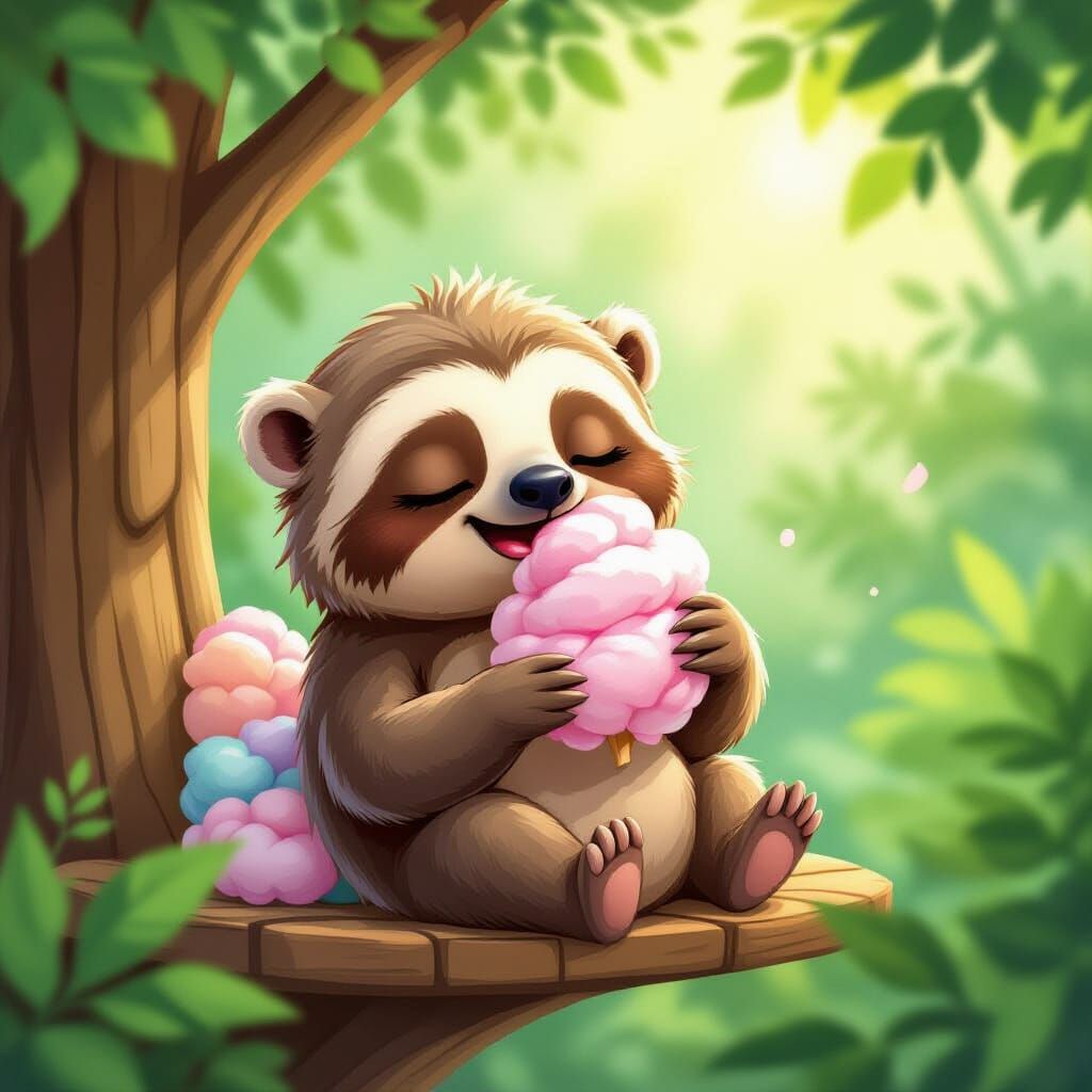 Lazy Sloth Cub Eats Cotton Candy in Treehouse Cartoon Style