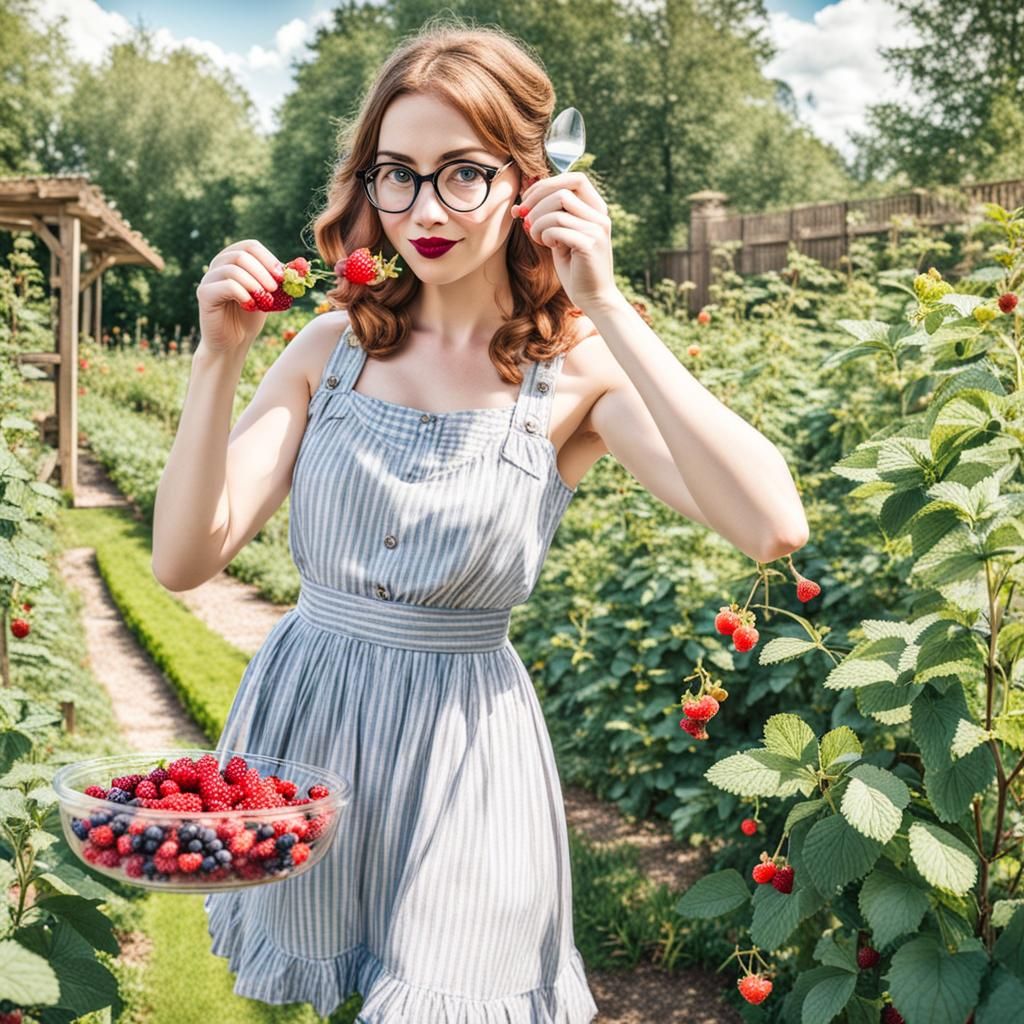 Girl in Sundress Enjoys Berries in Garden