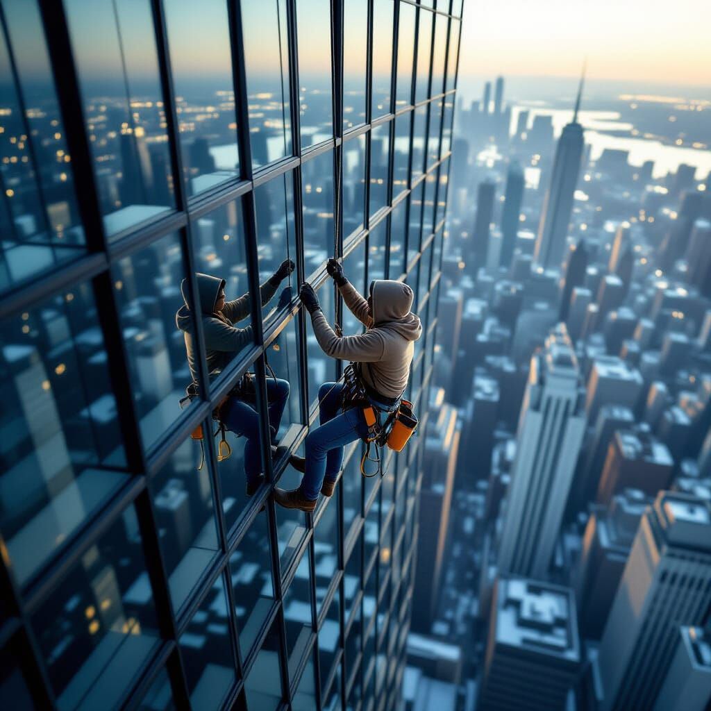Window Cleaner on Skyscraper Facade, Aerial View