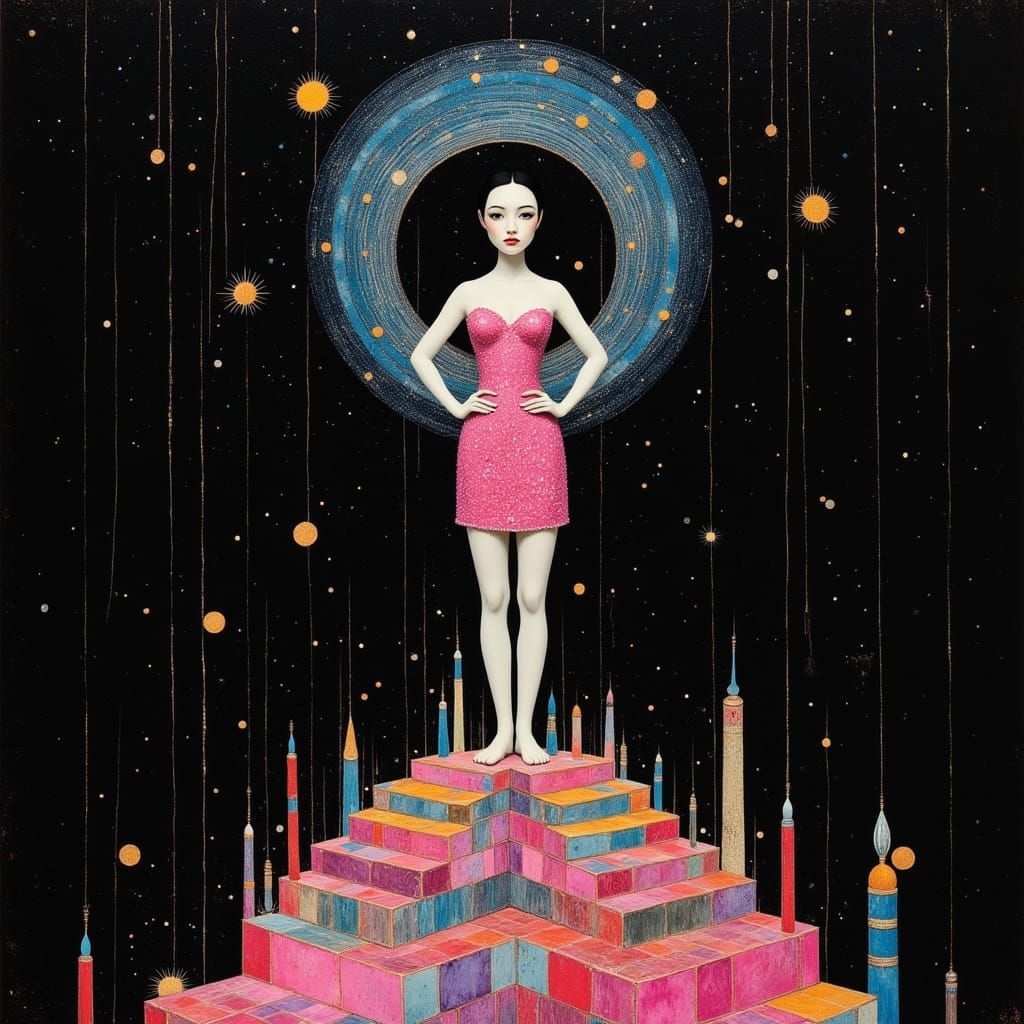 Woman on Colorful Tower in Art Deco Style