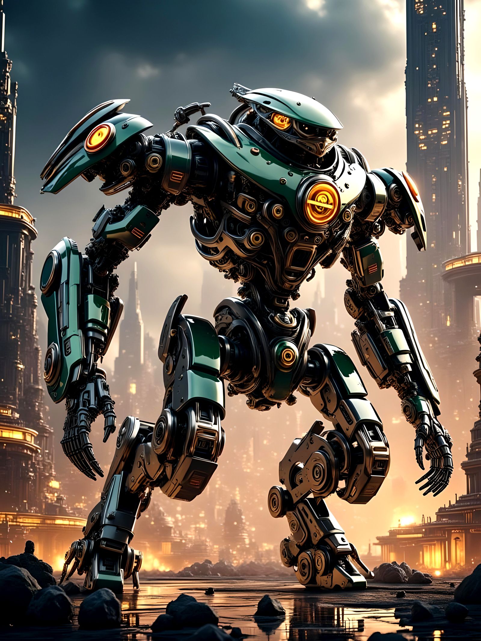 Heavily Armed Green and Blue Sci-Fi BattleMech