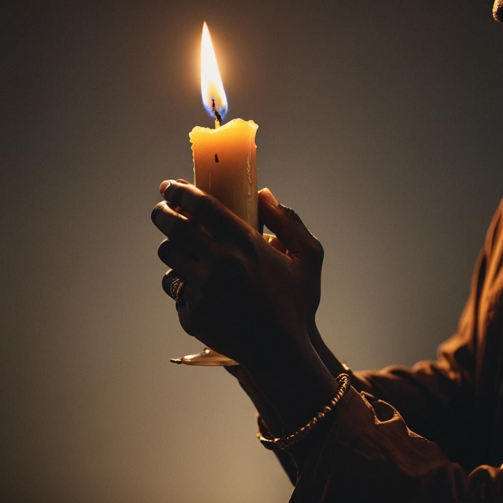 African Hands Hold Candlelight in Darkness