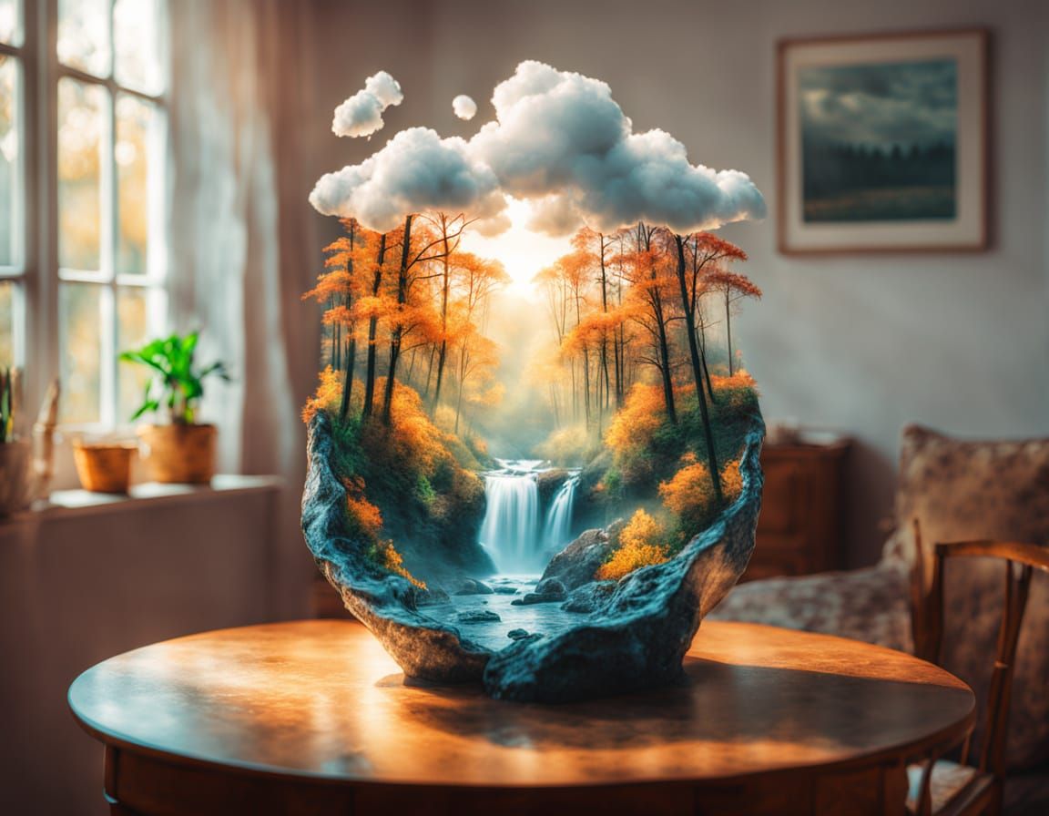 Surreal Autumn Waterfall Sculpture in a Cozy Room