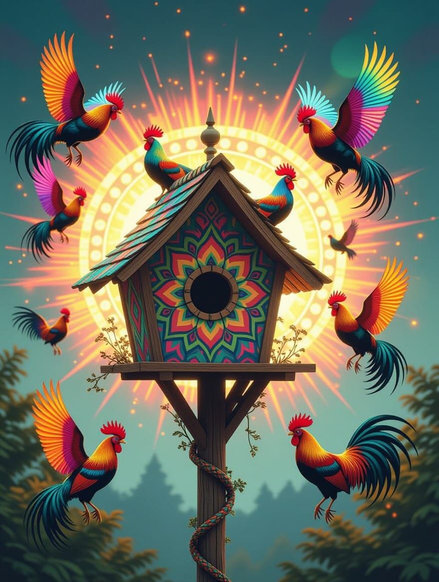 Psychedelic Birdhouse Shaman Ritual with Flying Roosters
