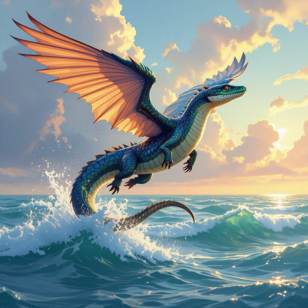 Winged Sea Serpent Soaring Over Ocean Waves