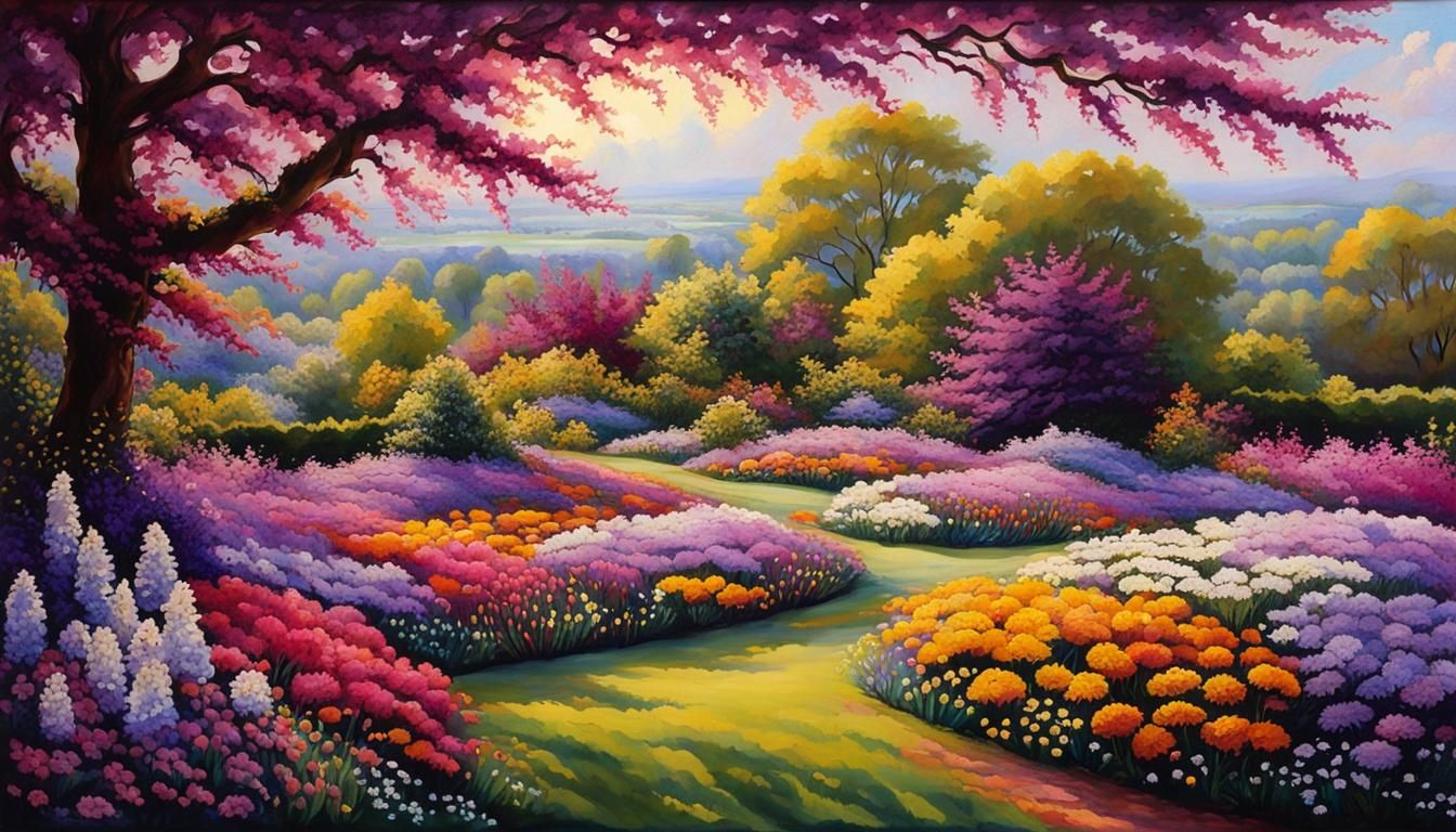 Lush Spring Garden in Gouache Painting Style