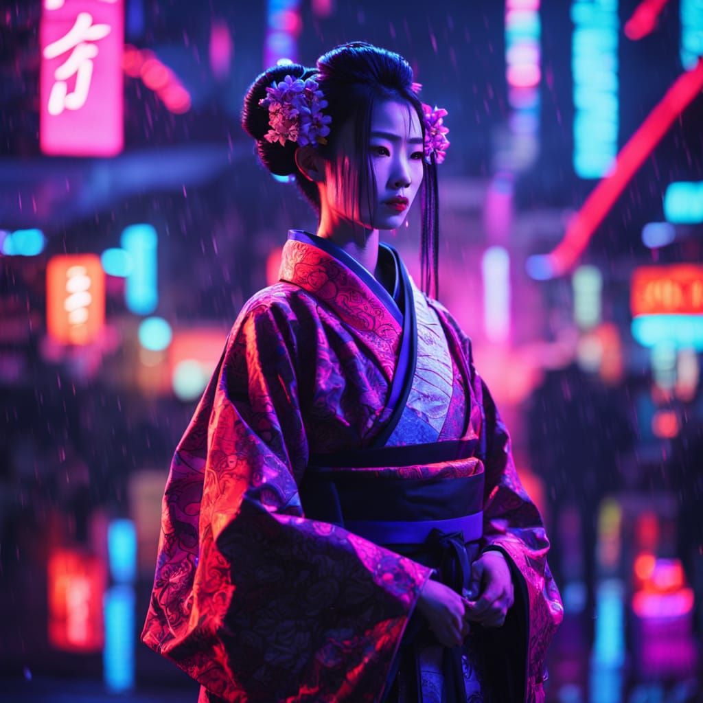 Cyberpunk Geisha in Neon Rain with Circuitry