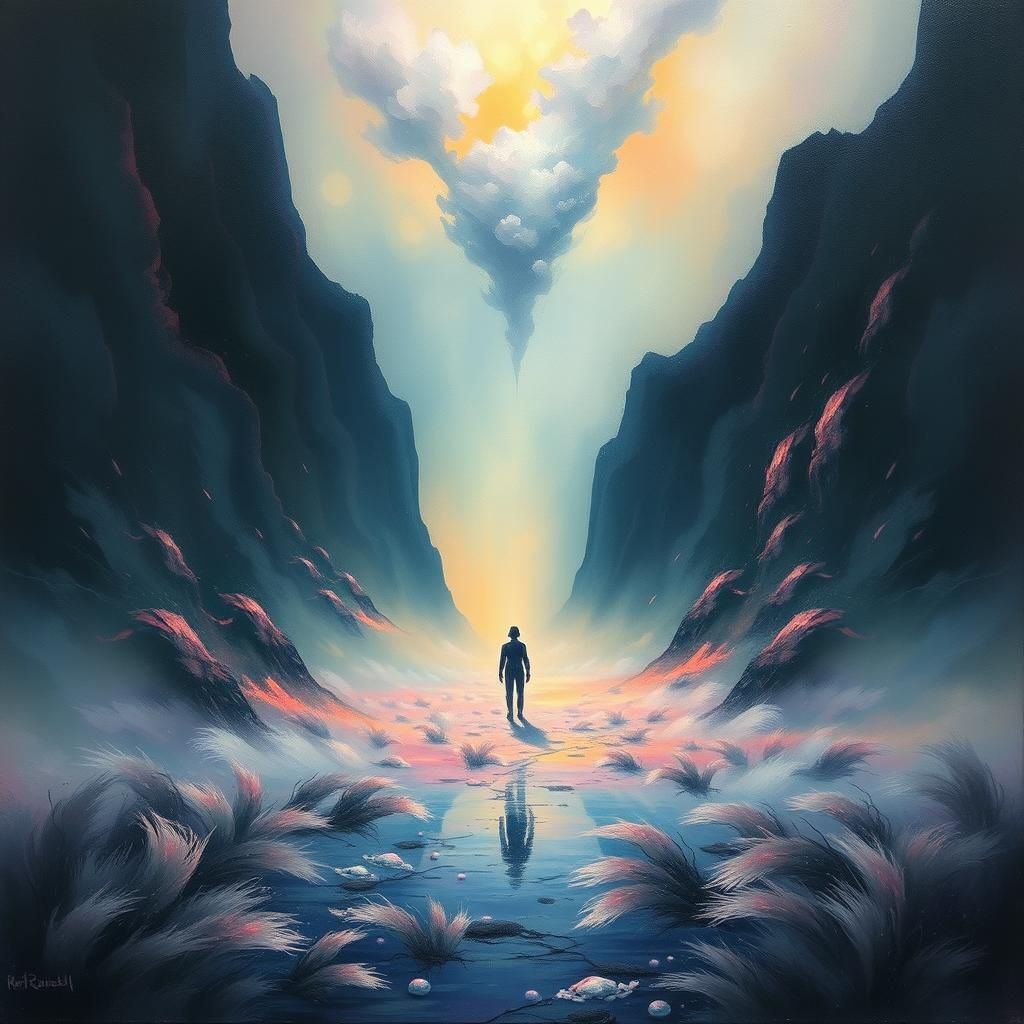Mystical Figure Wanders Surreal Landscape in Ethereal Style
