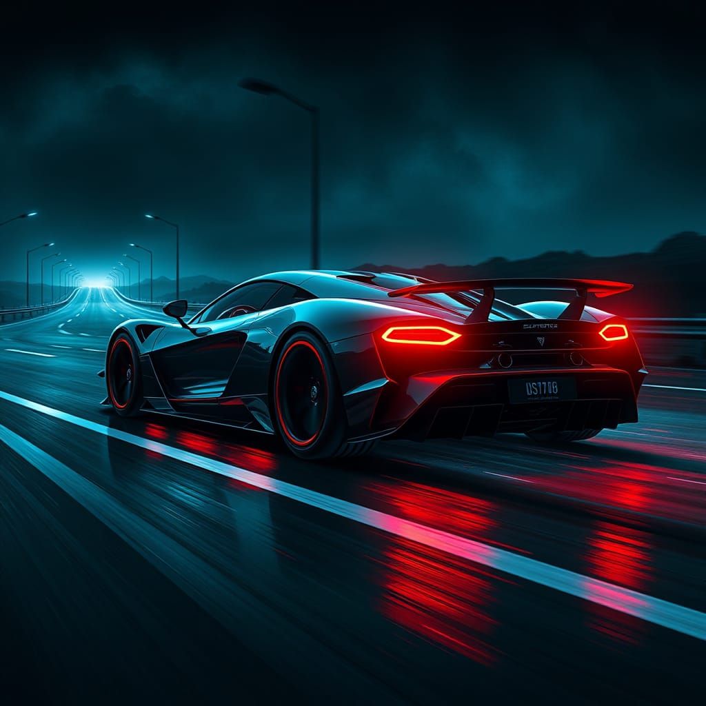 Cyberpunk Supercar Speeds Down Neon Highway