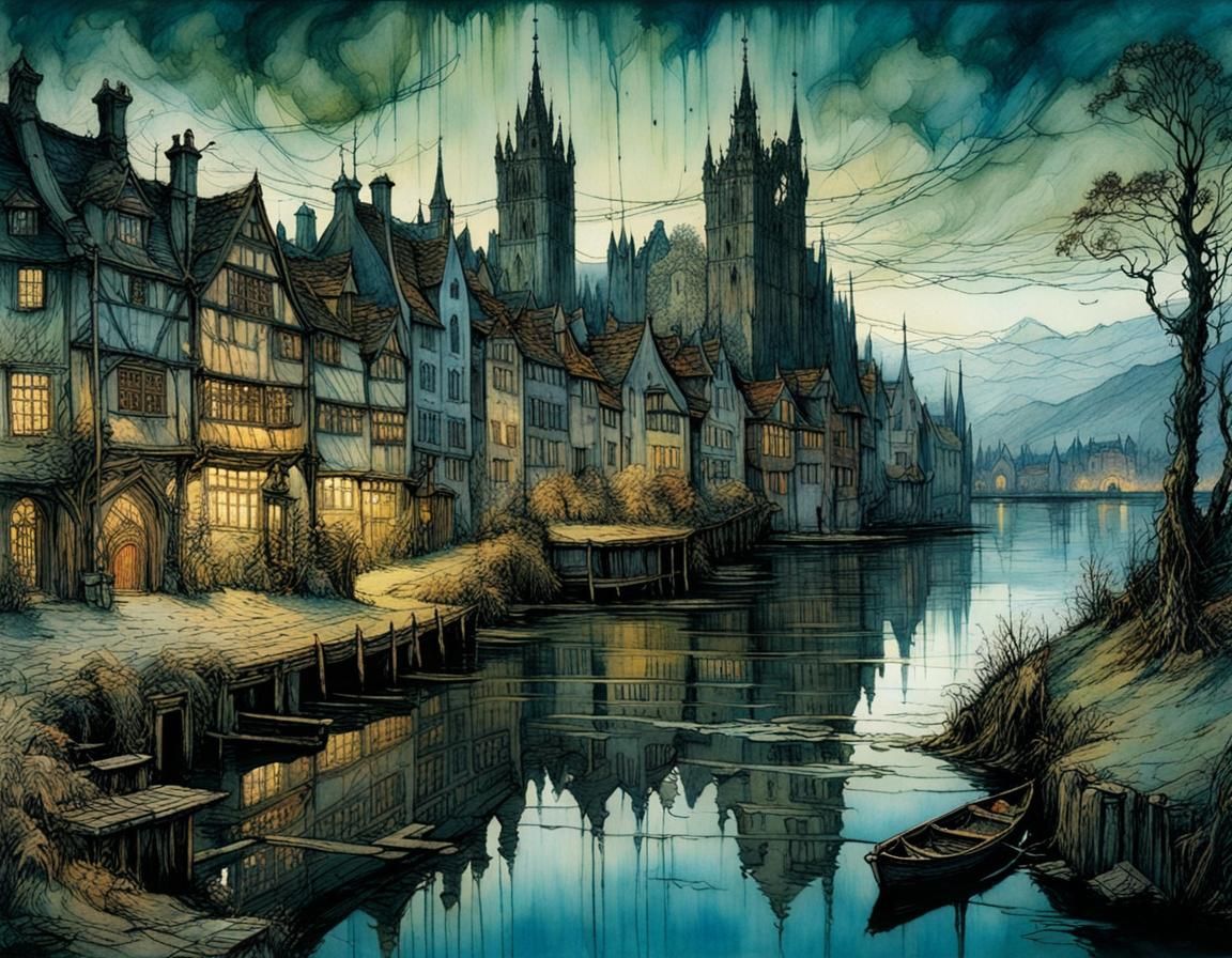 Mysterious Medieval Lakeside City in Romantic Style