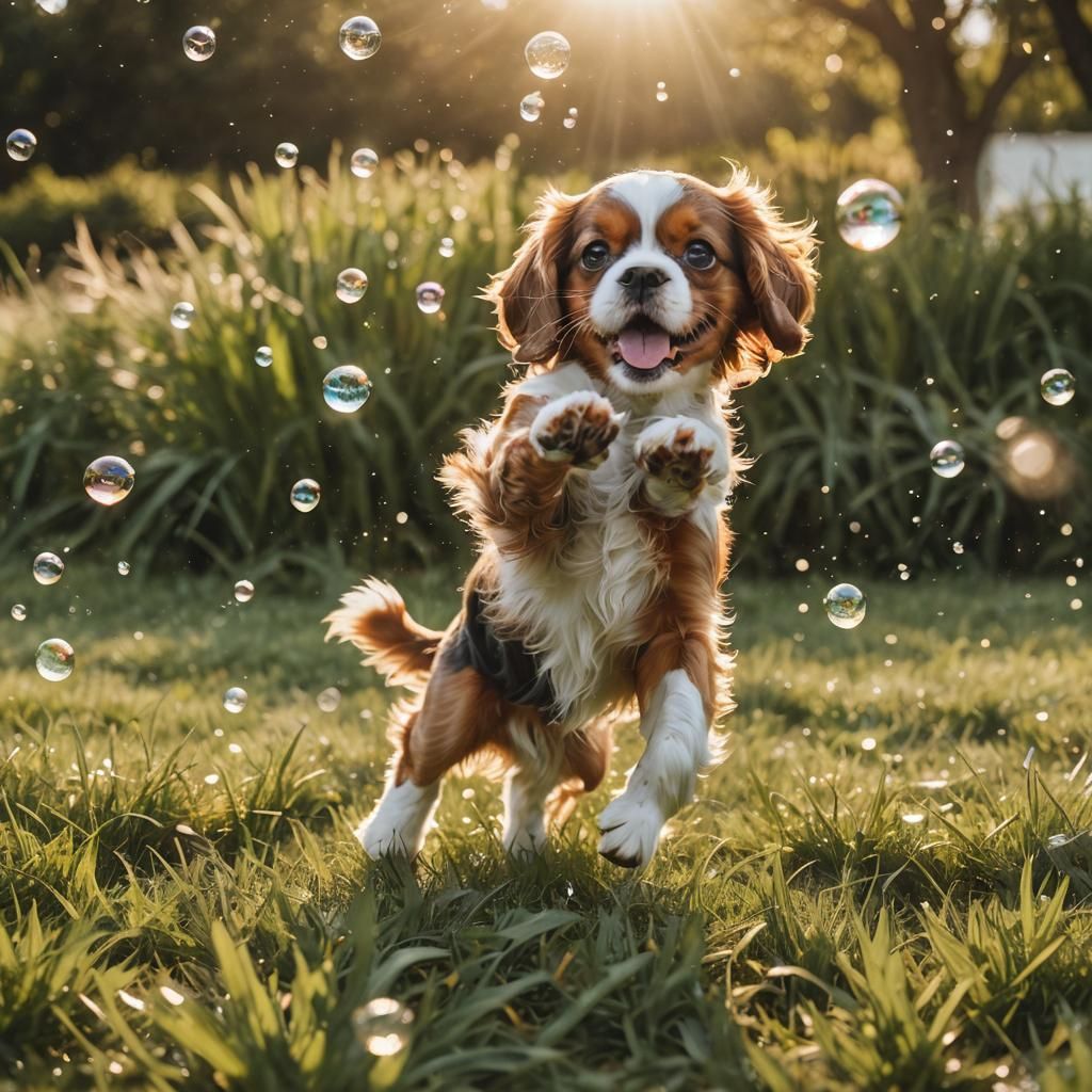 Cavalier Puppy Jumps for Bubbles in Golden Light