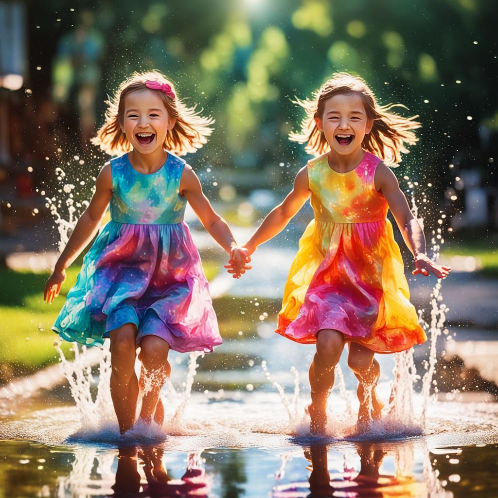 Twins Play in Puddle: Vivid Digital Art