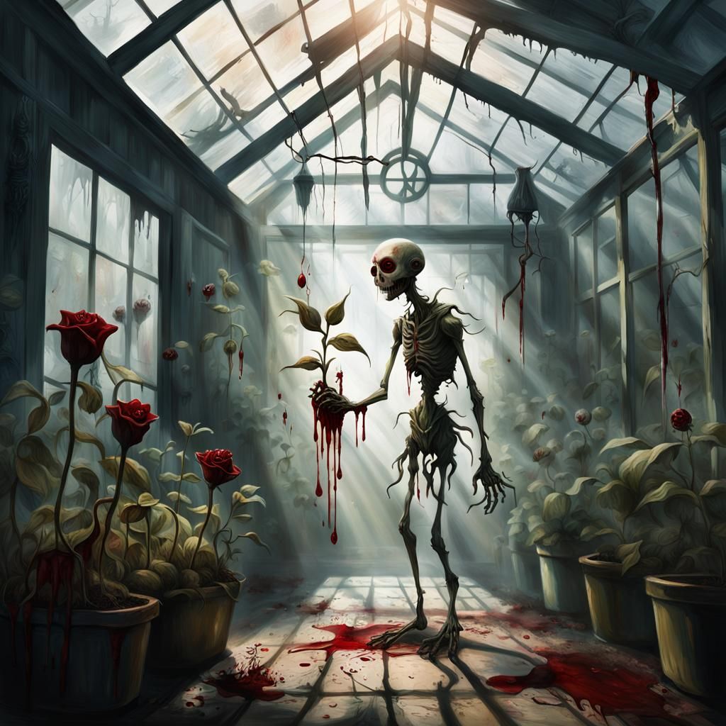 Eerie Surrealist Greenhouse Scene in Mixed Media Style