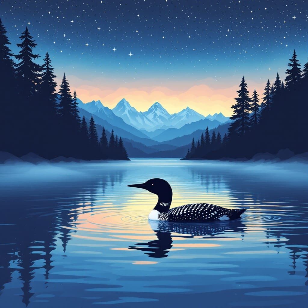 Loon on Misty Lake at Dusk: Vector Illustration