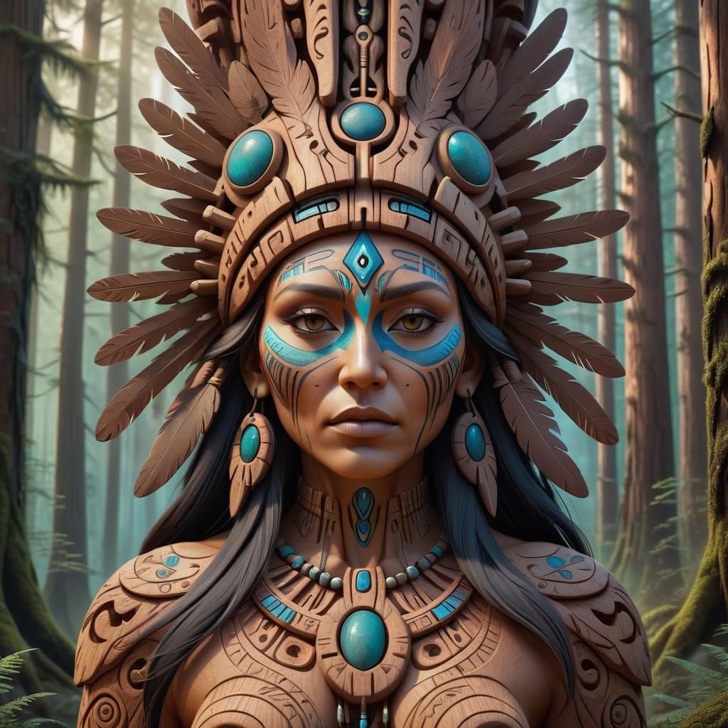 Native American Goddess Totem Carving: Detailed Matte Painti...