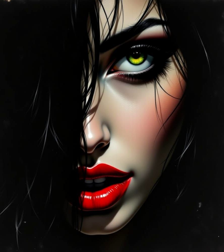 Black hair green eyes enticing  lips