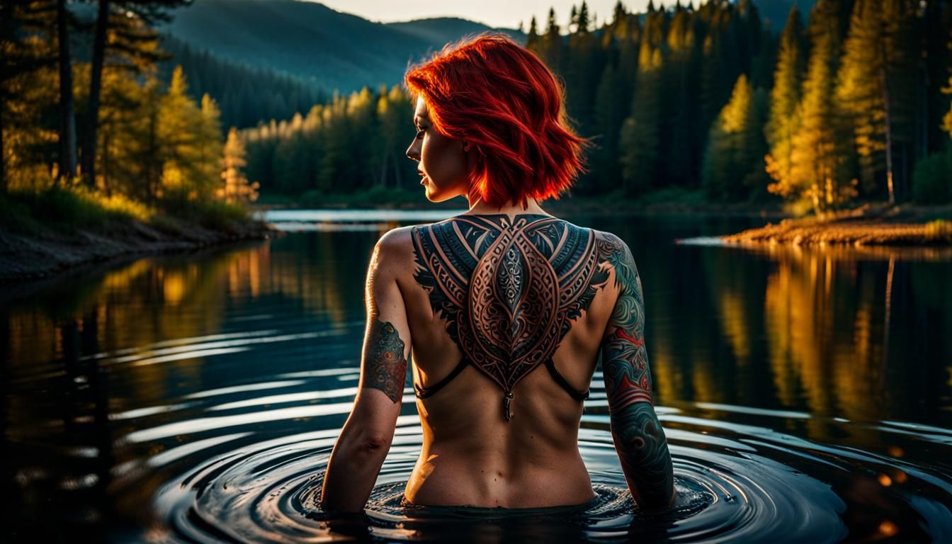 Redhead with Tattoos Enters Forest Lake at Dusk
