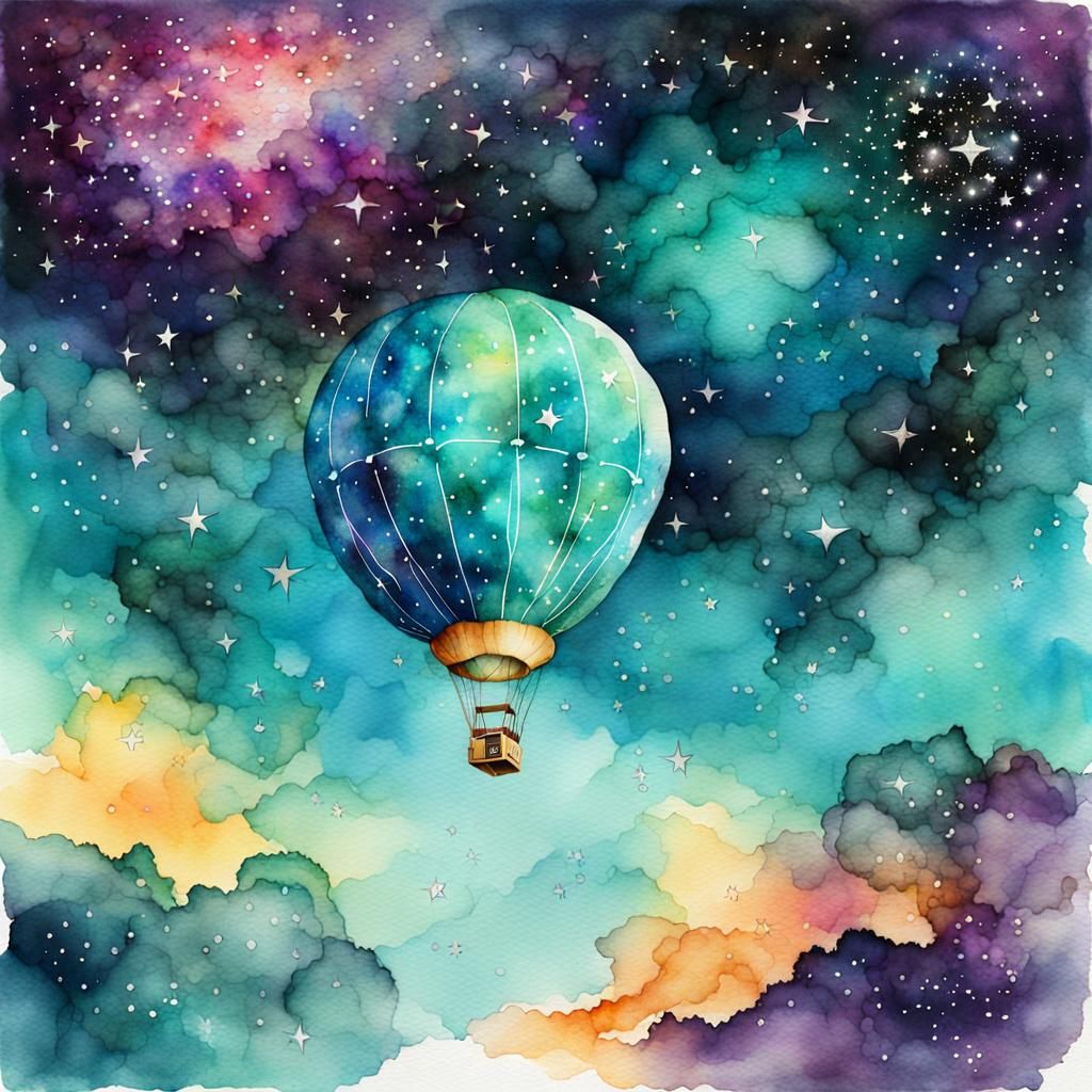 Watercolor Balloon Lost in Colorful Star Nebula
