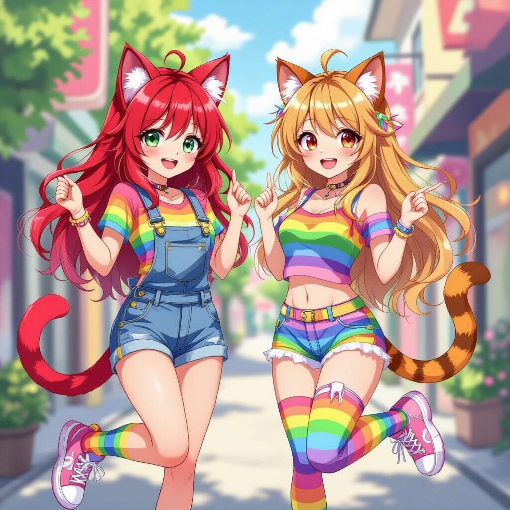 Playful Women with Animal Features in Rainbow Outfits