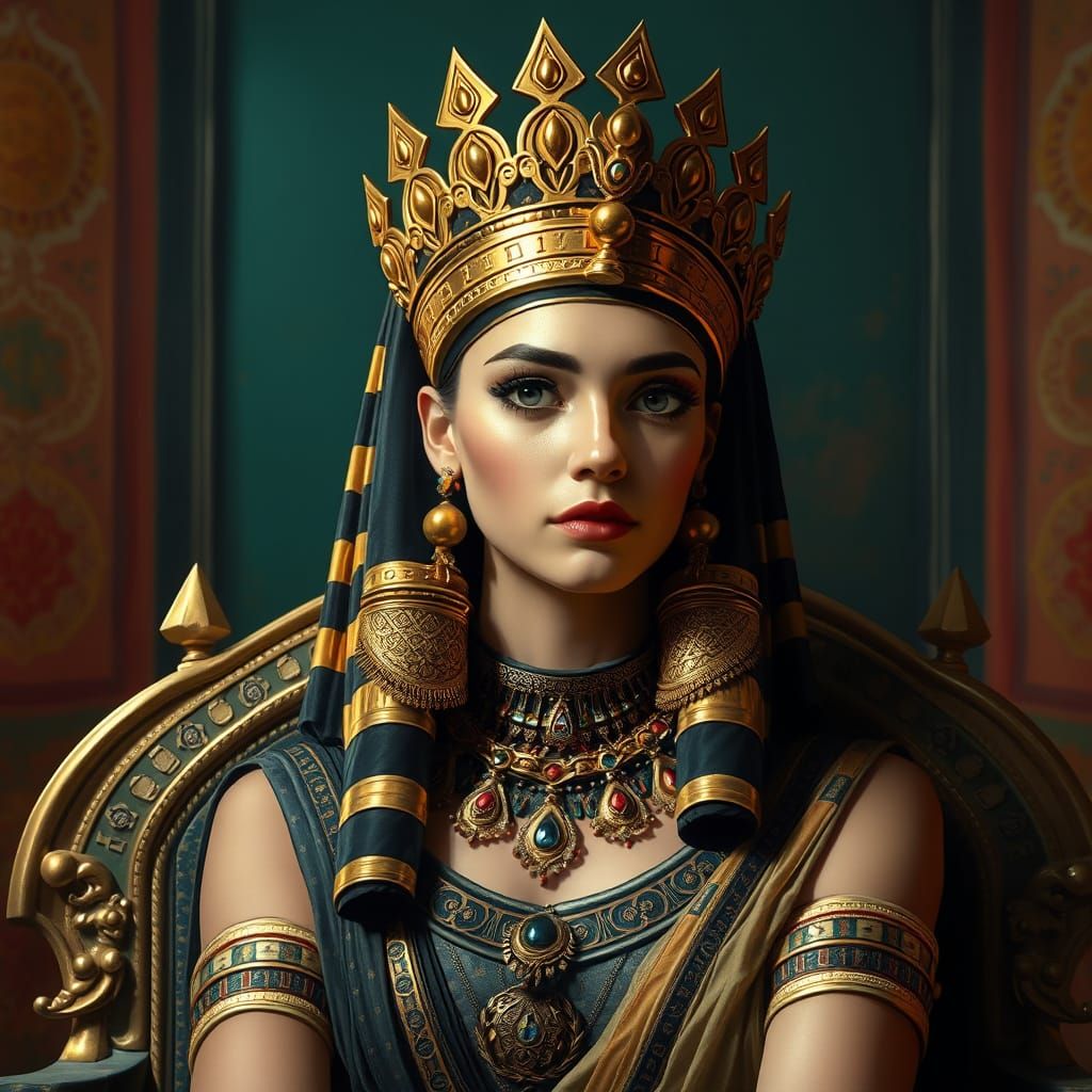 Egyptian Queen Cleopatra in Golden Headdress and Jewelry