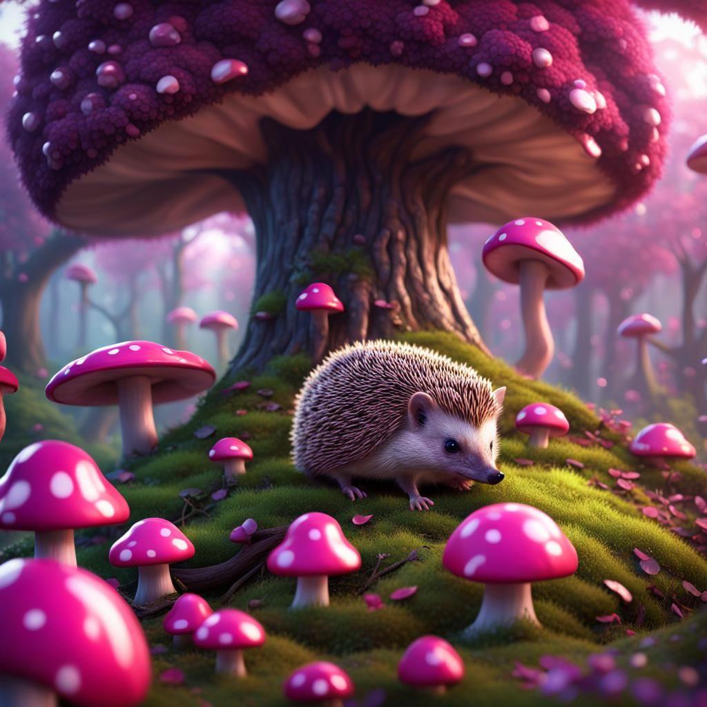 Enchanted Hedgehog Garden with Pink Mushrooms