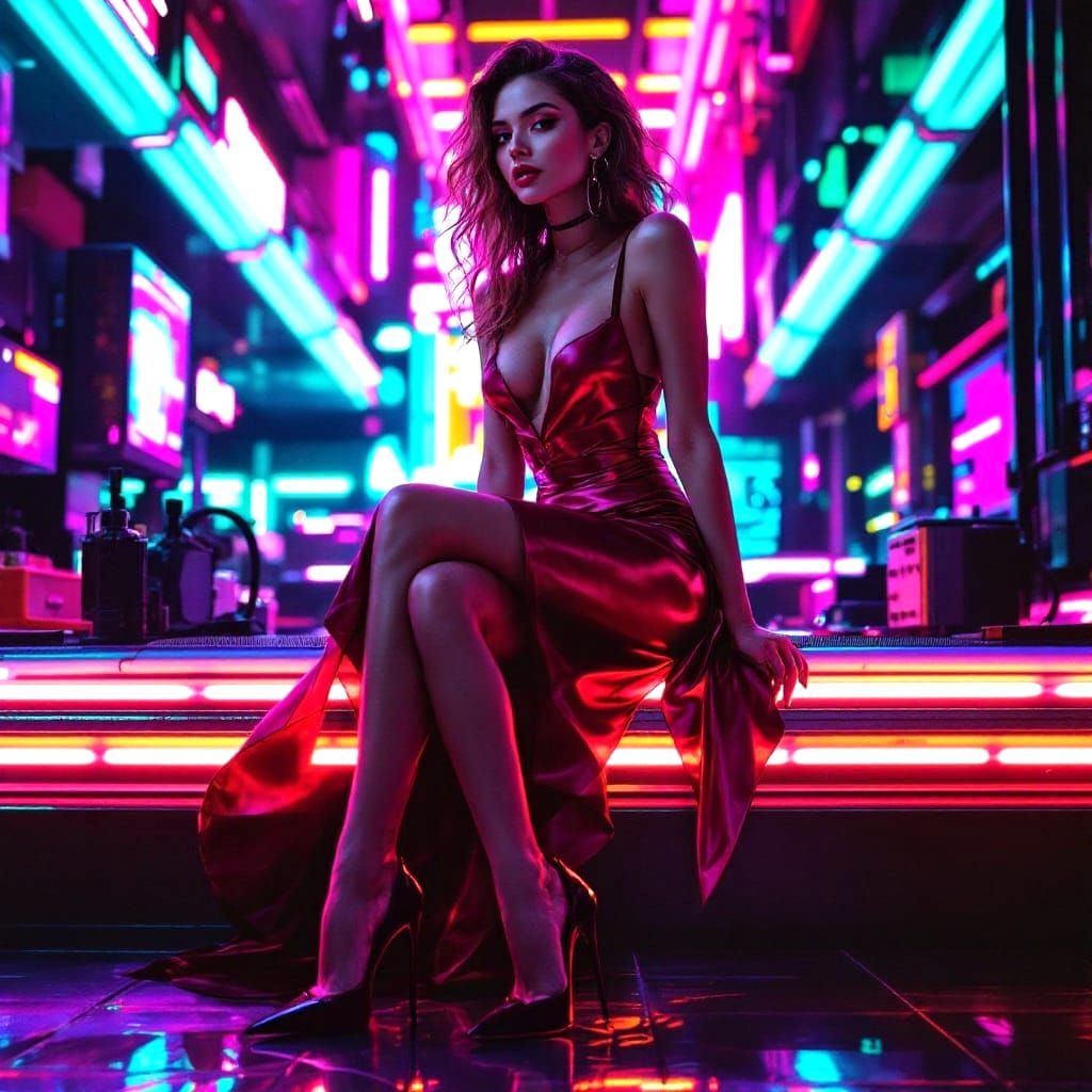 Glamorous Woman in Neon Synthwave Attire