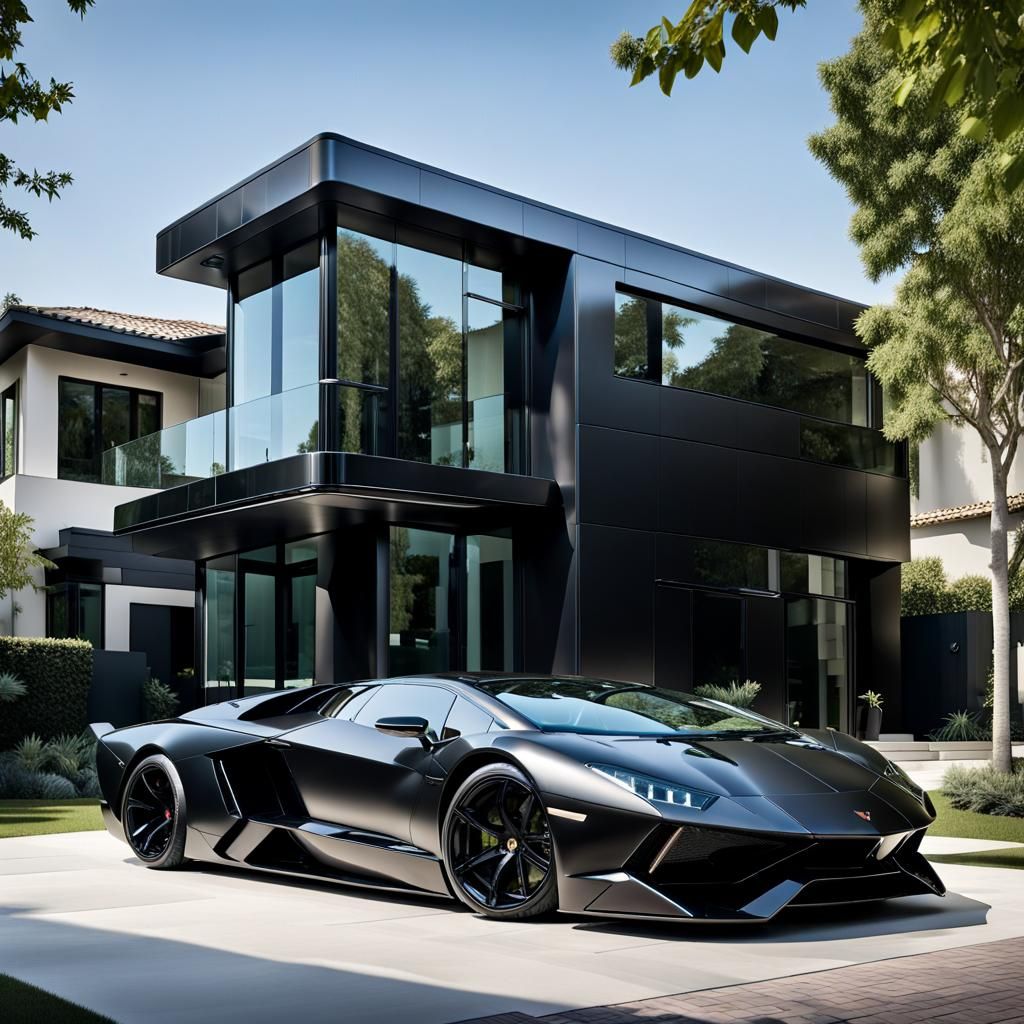 Lamborghini- parked in front of a modern architectural style...