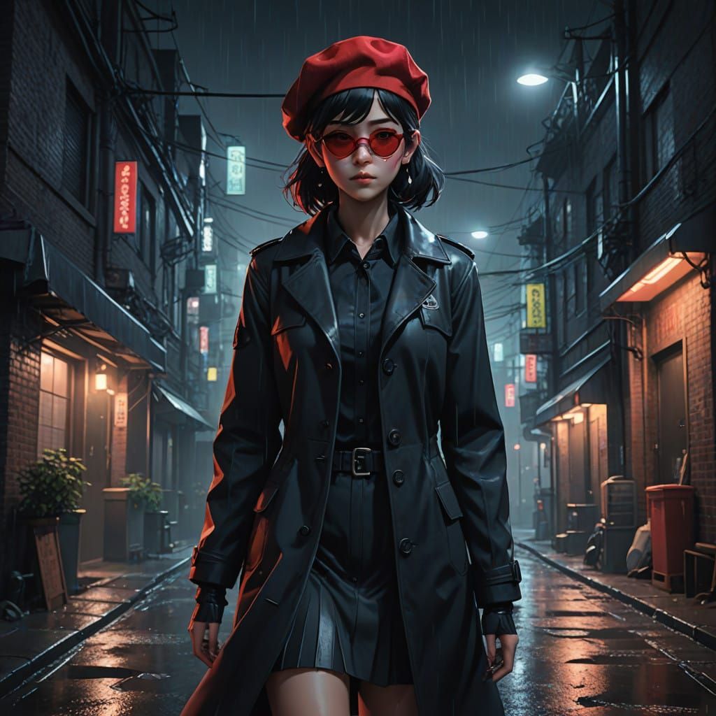 Mysterious Femme Fatale in a Rain-Soaked Alleyway, in a Cybe...
