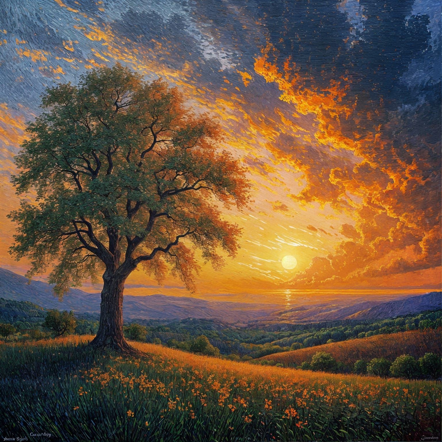 Impressionistic Sunset Landscape with Stormy Sky