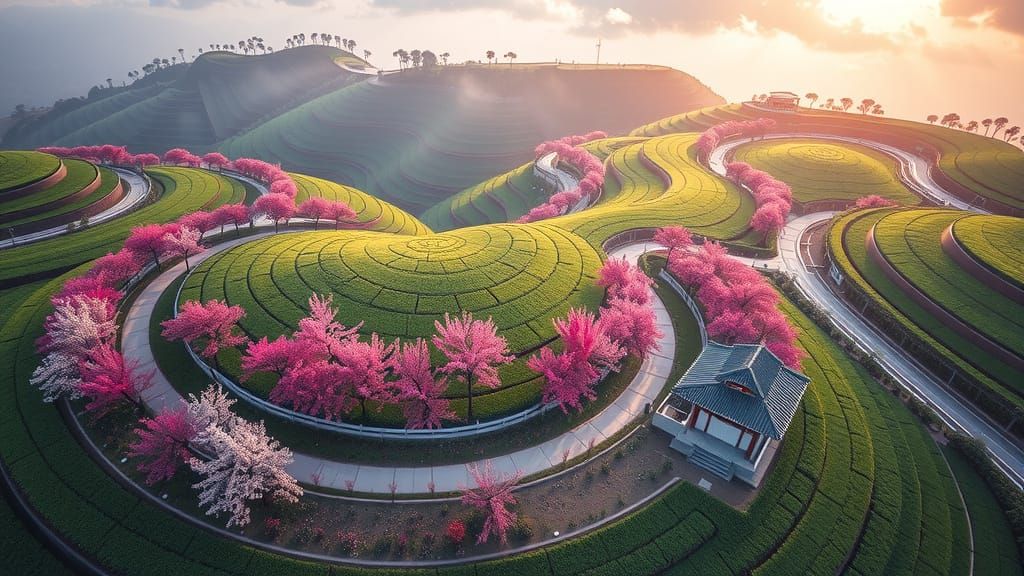 Aerial View of Chinese Cherry Blossom Garden