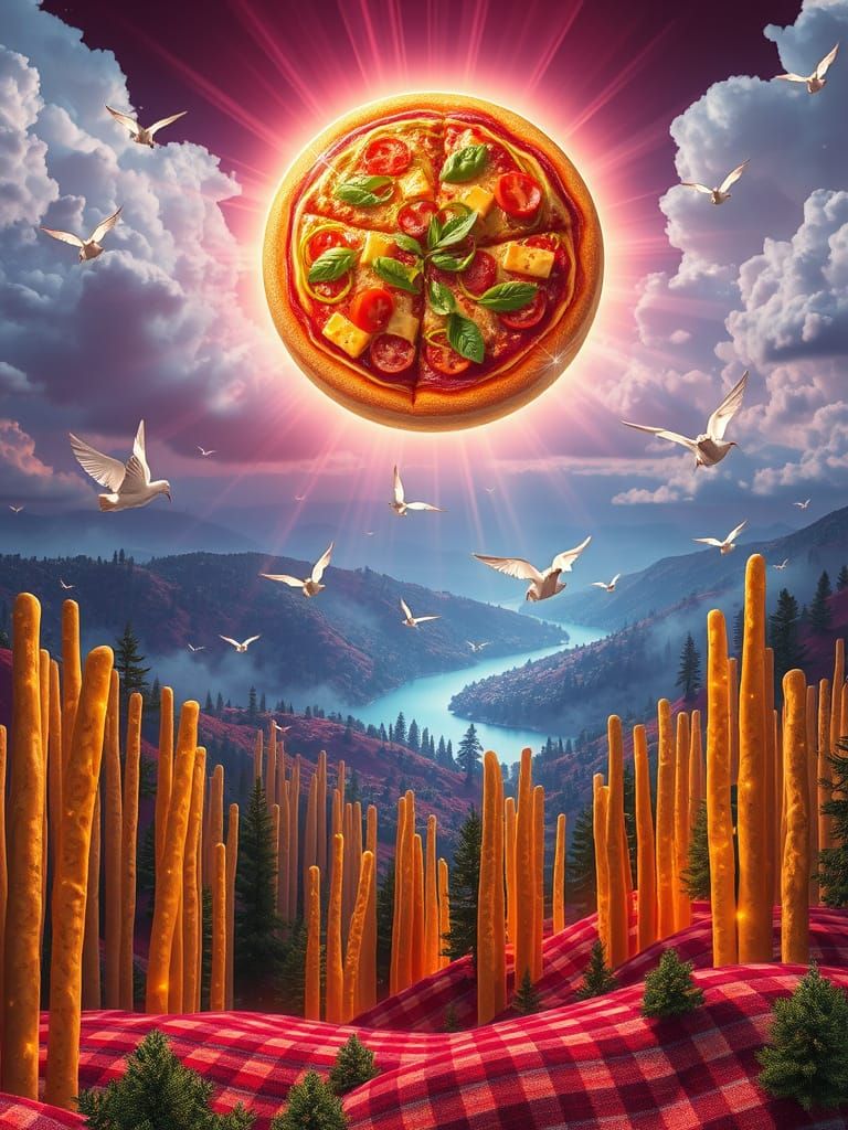 Bioluminescent Pizza Orb Above Breadstick Forest