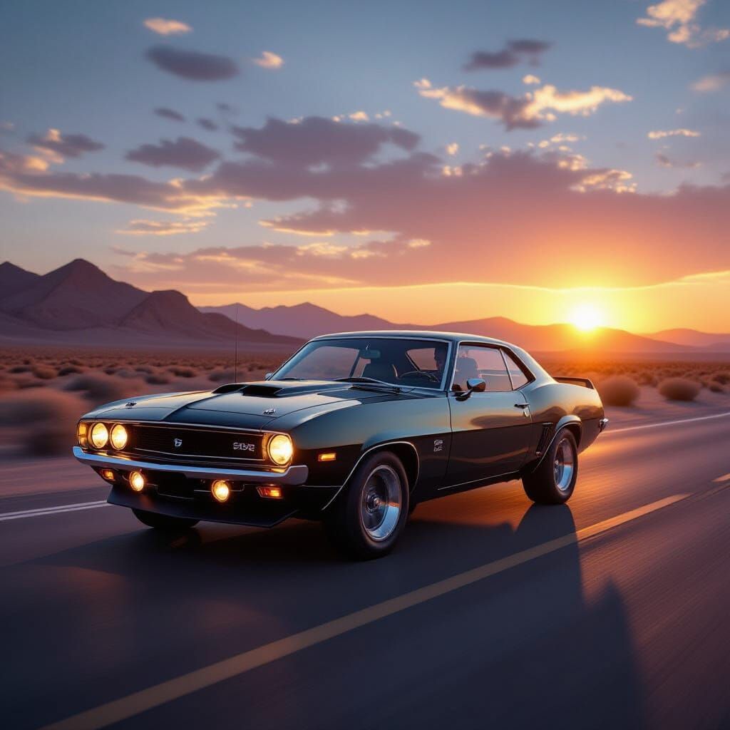Muscle Car Speeds Down Desert Road at Sunset