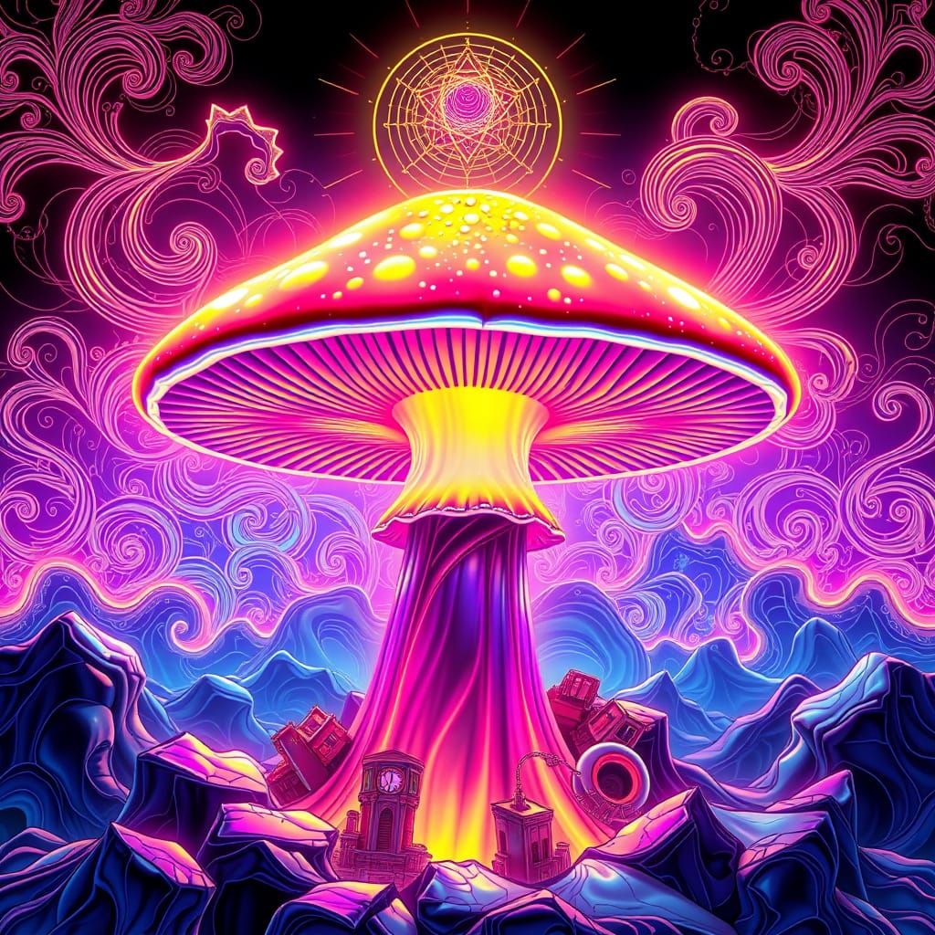 Glowing Divine Mushroom in Neon-Lit Cyberpunk Landscape