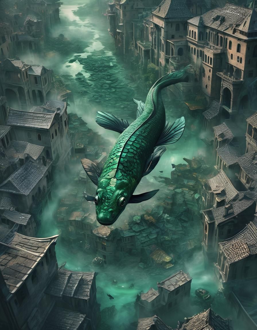 Giant Tadpole Creature Flies Over Medieval City