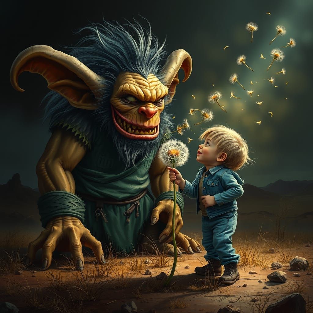 Giant Troll and Child with Dandelion in Wasteland