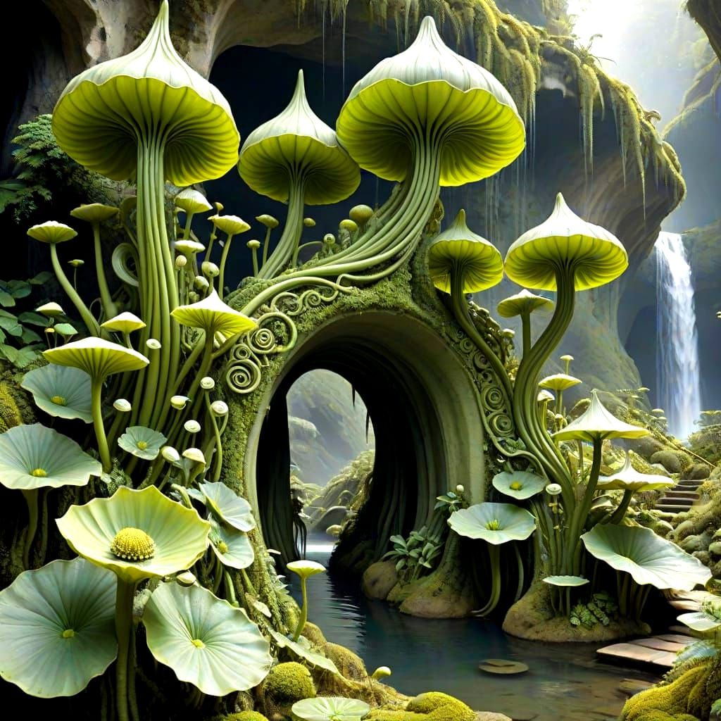 Surreal Eco Haven Under Waterfalls in a Maze of Passages