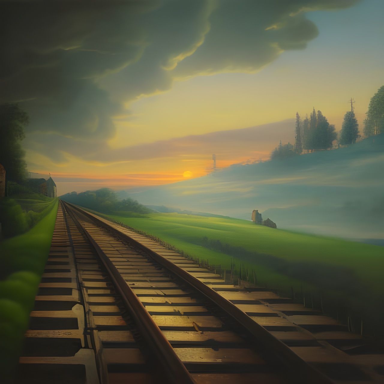 Fantasy Railway to Sunlit City: Matte Oil Painting