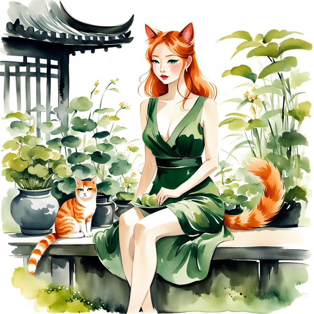 Cat-Girl in Garden, Chinese Ink Painting