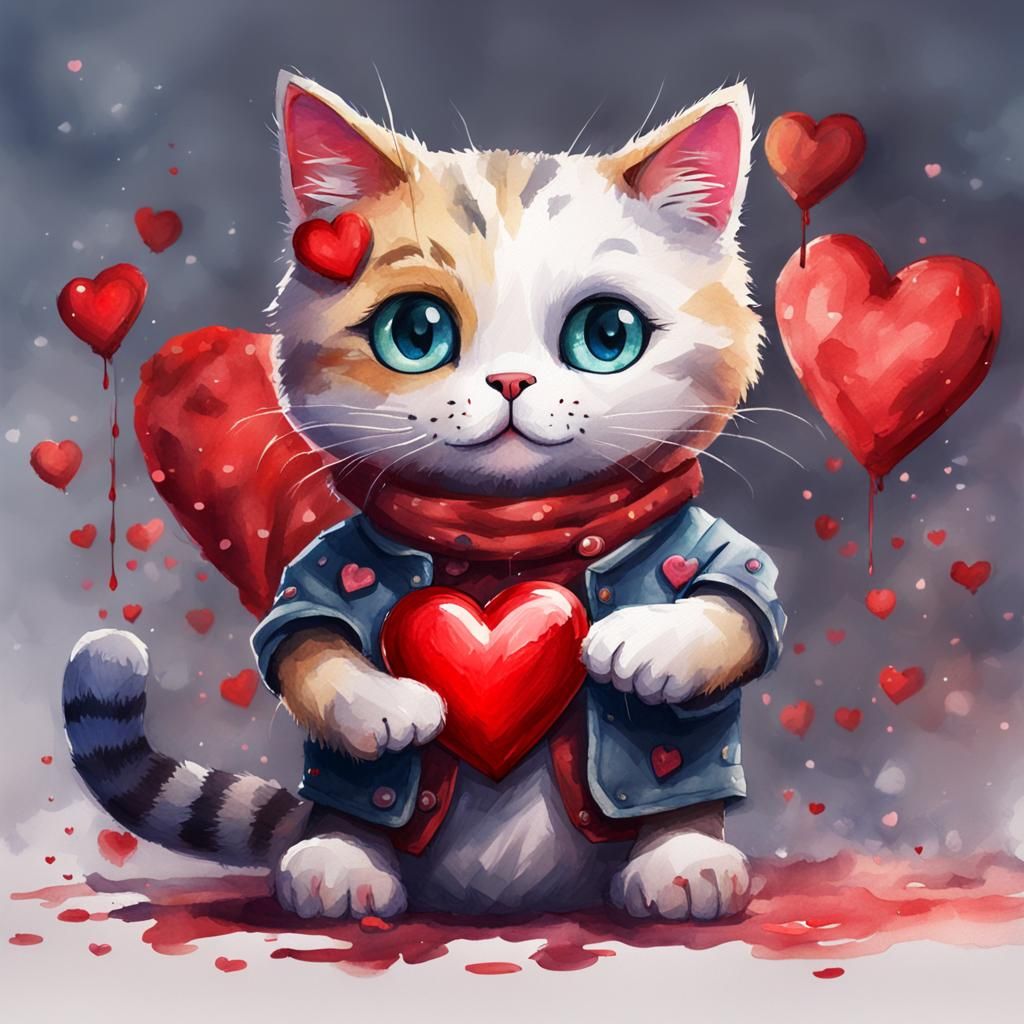 Watercolor Plush Cat with Heart, Detailed Art