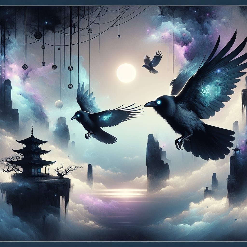 Mystical Crows Soaring Through Japanese Floating Isles