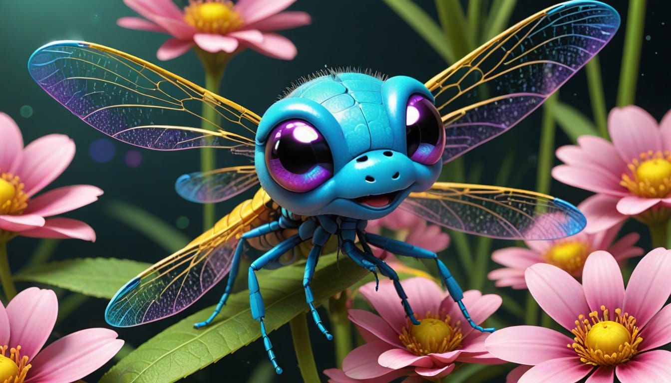 Kawaii Dragonfly Perched on Flower: 3D Animation
