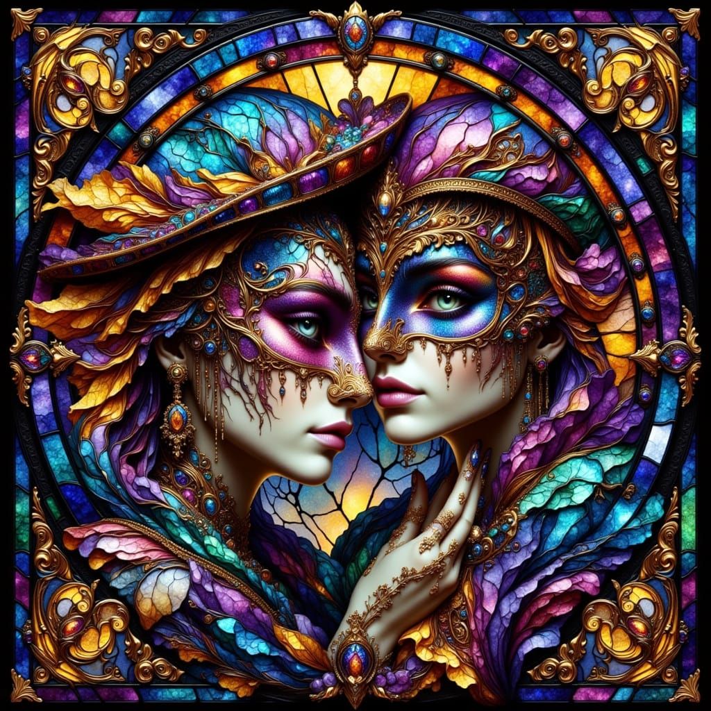 Stained Glass Masquerade Window in Alcohol-Ink Style