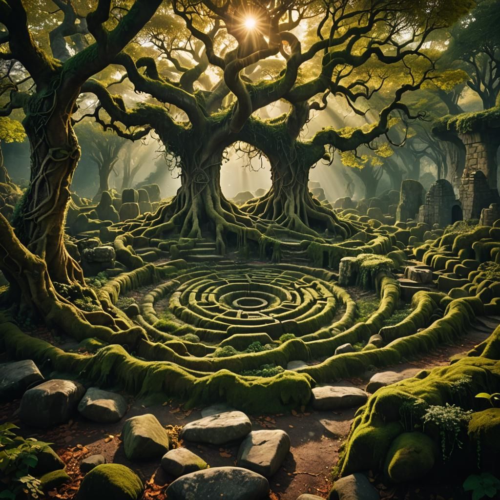 Mystical Tree at Labyrinth Center in Golden Light