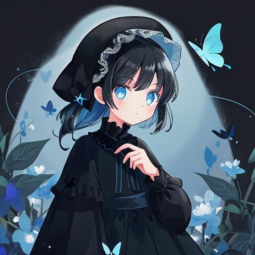 Girl in Black Dress with Blue Butterflies
